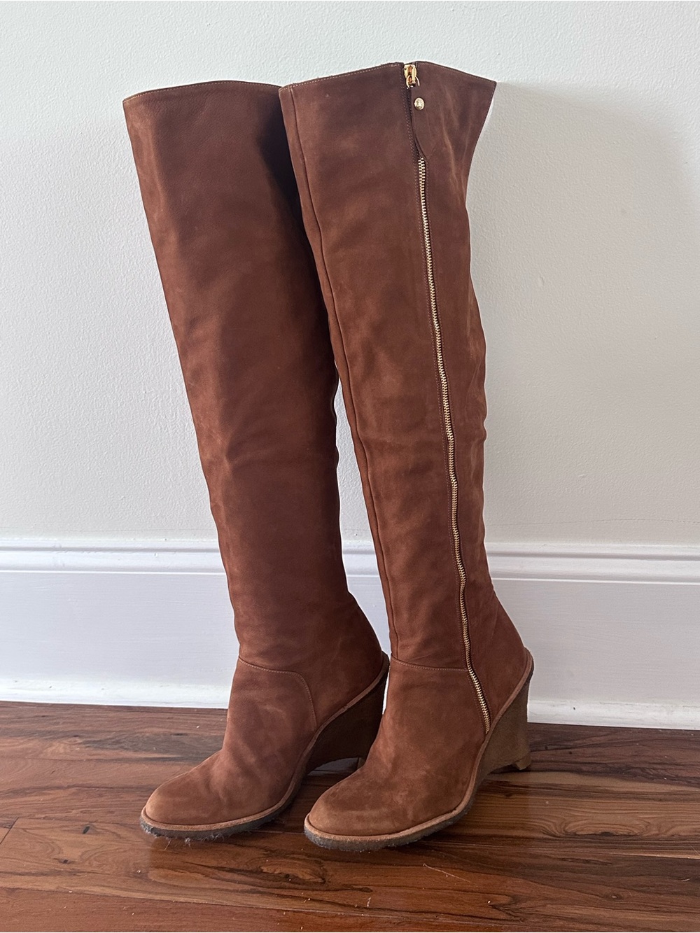 Stuart Weitzman Tall Suede Wedge Boots in Brown